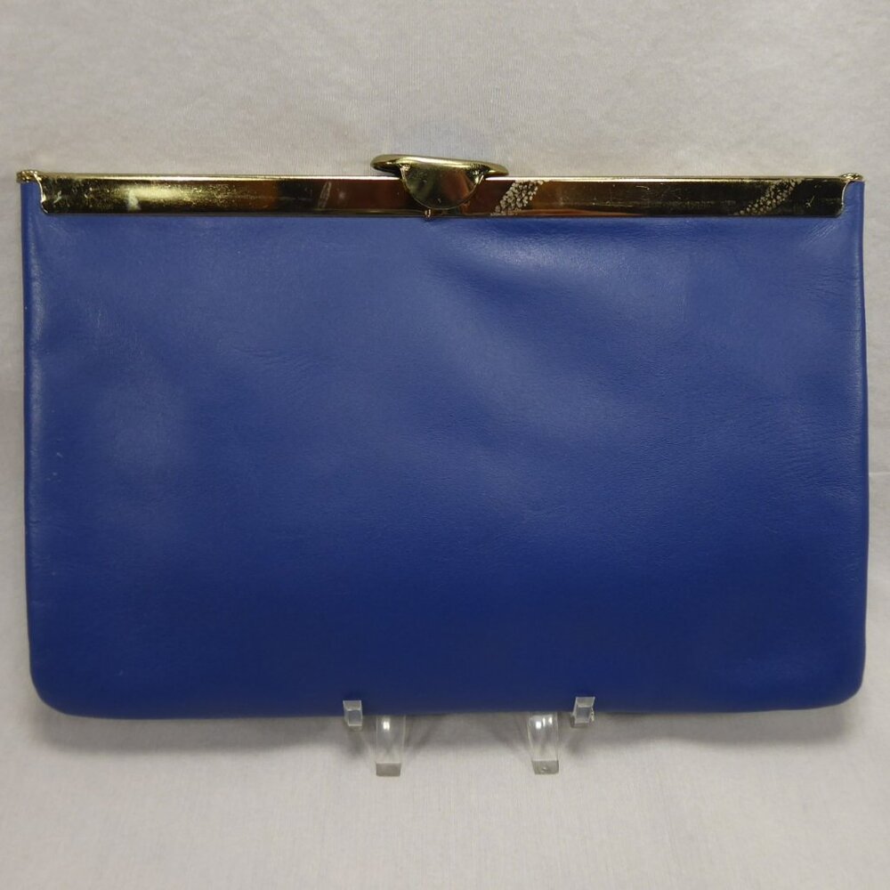 Vintage 50s 60s ETRA Navy Blue Leather Clutch Purse Evening Bag Gold Chain Strap - Picture 4 of 11